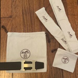 Men’s Hermes Black Leather Belt with Gold Buckle size 36